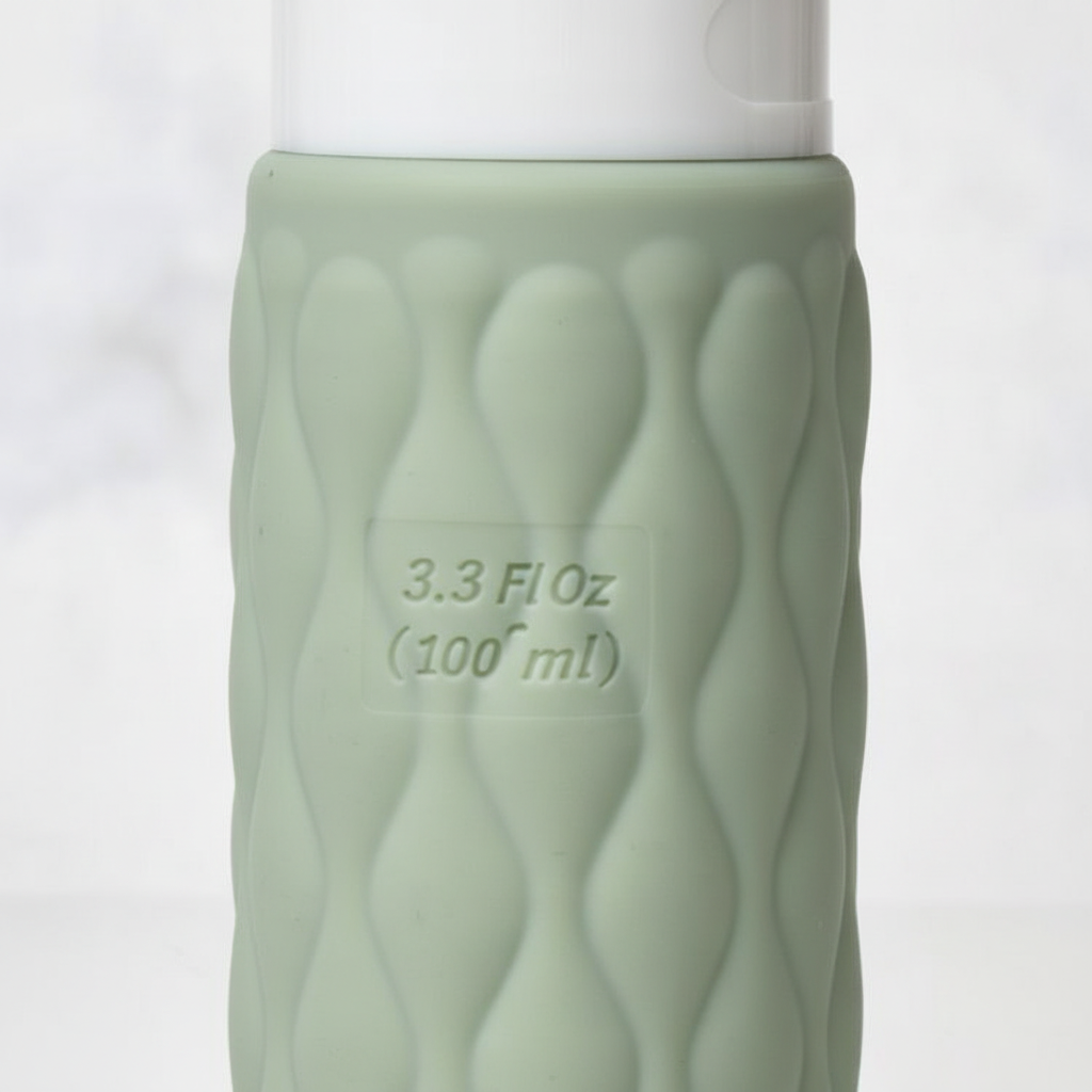 Close-up of diamond wave texture pattern and 100ml embossed measurement on sage green silicone travel cosmetic bottle