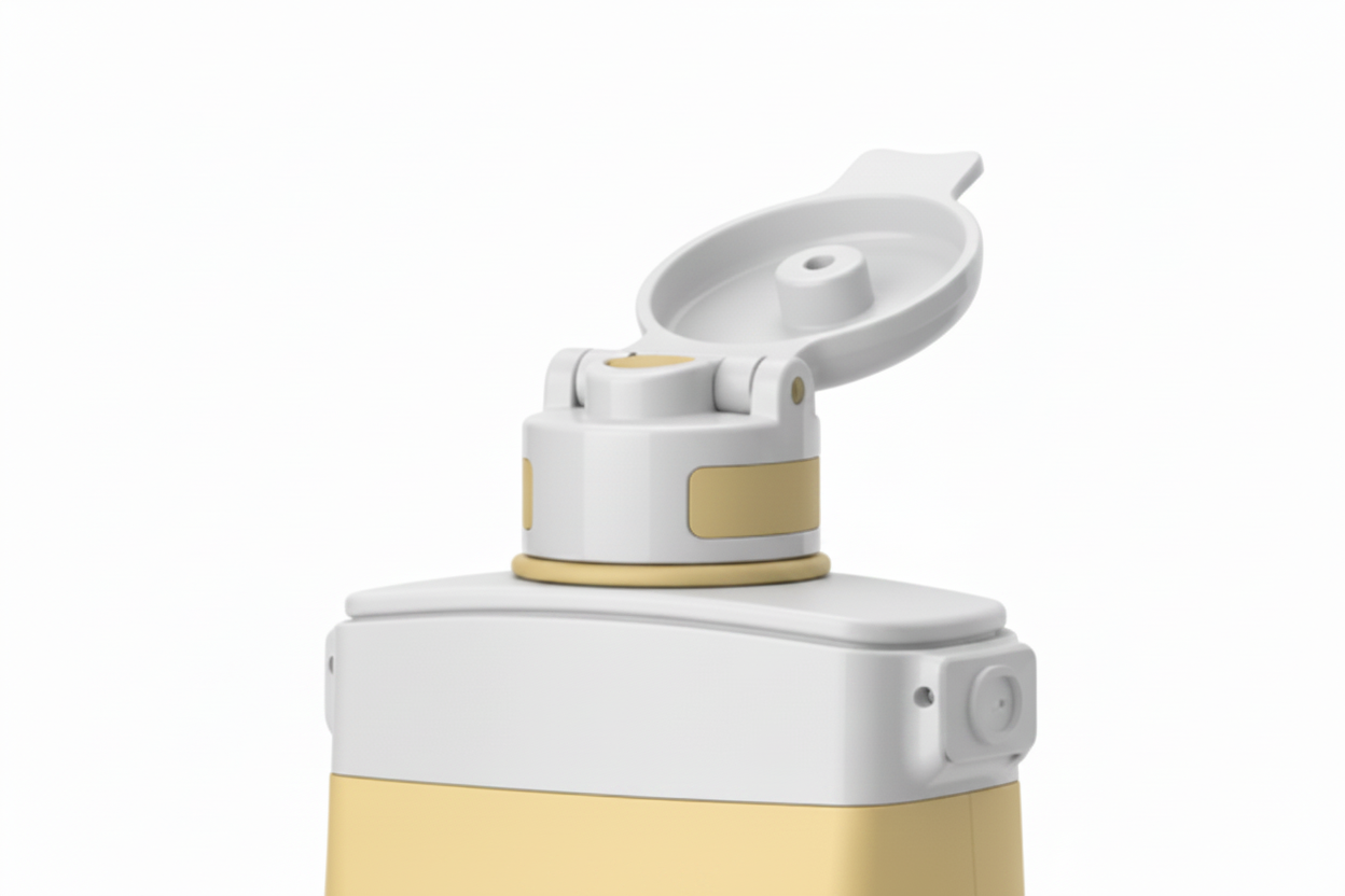 Close-up of white flip-top sport nozzle cap on golden yellow collapsible silicone water bottle