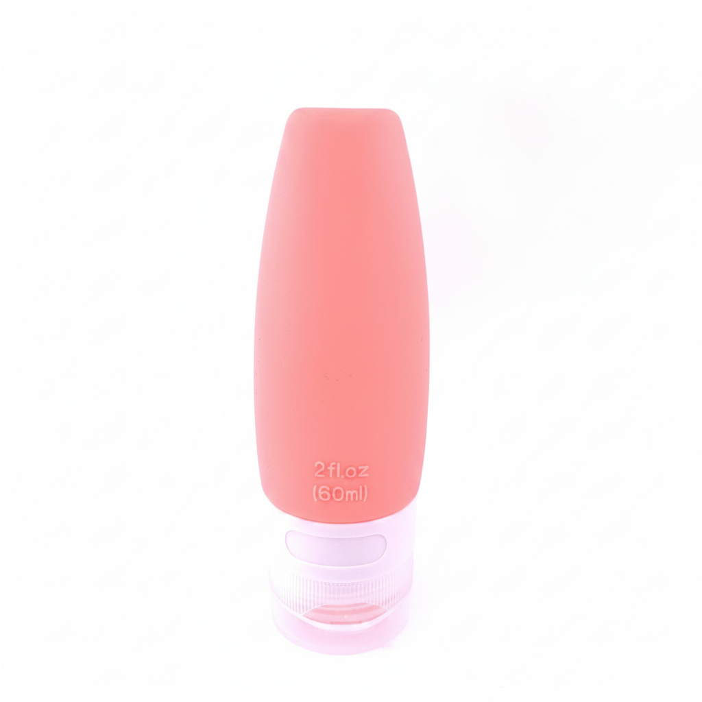 Coral pink silicone travel squeeze bottle 60ml standing upright on pure white background – main product image