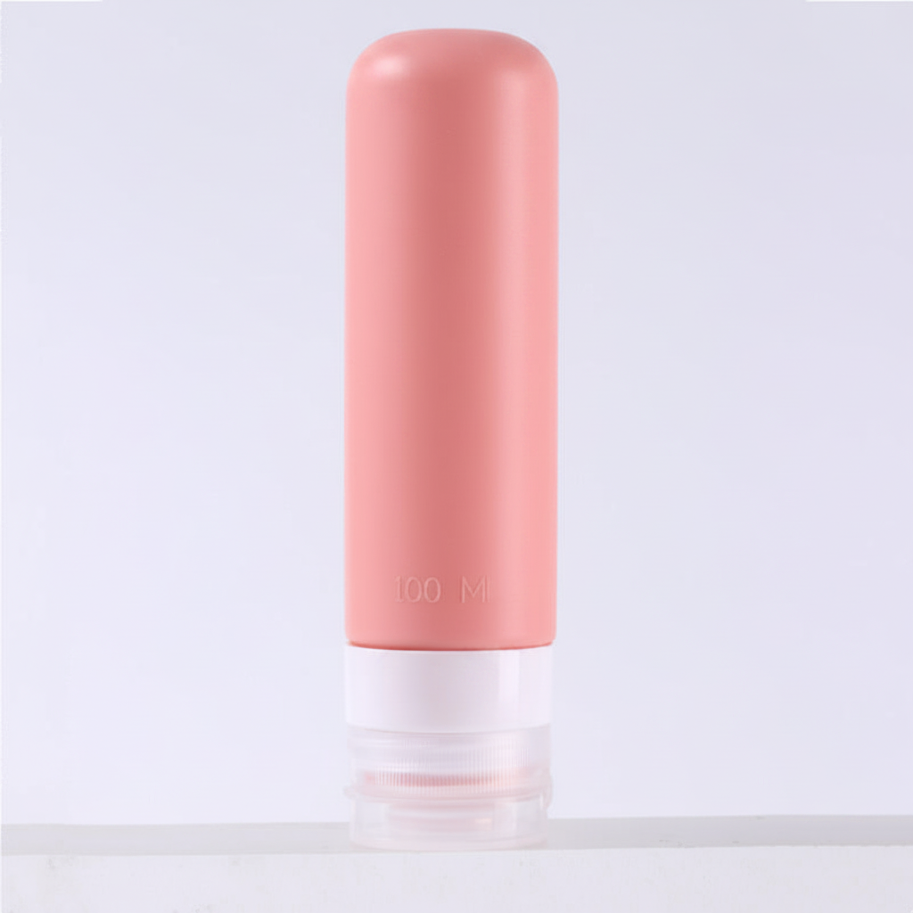Dusty rose pink silicone travel bottle 100ml with rounded dome top standing upright on pure white background – main product image