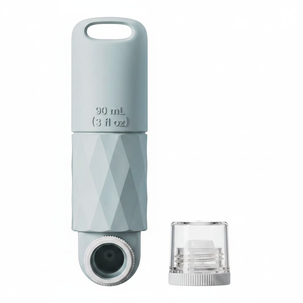 Grey-blue silicone travel bottle with clear bottom cap removed showing wide mouth refill opening on white background