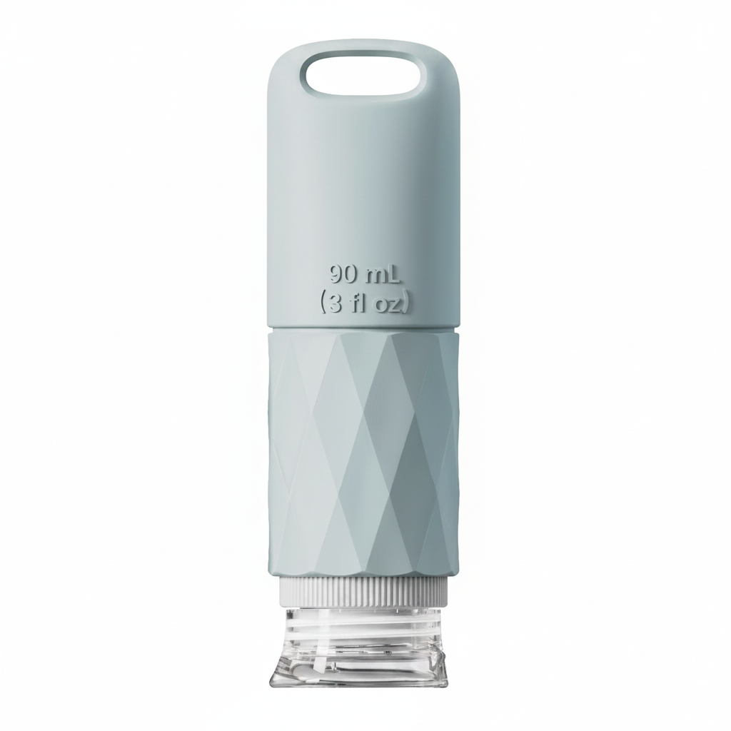 Grey-blue silicone travel squeeze bottle 90ml with diamond grip and loop handle on white background – main product image