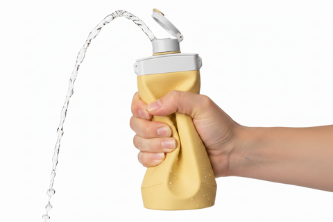 Hand squeezing golden yellow collapsible silicone water bottle dispensing water from sport nozzle on white background