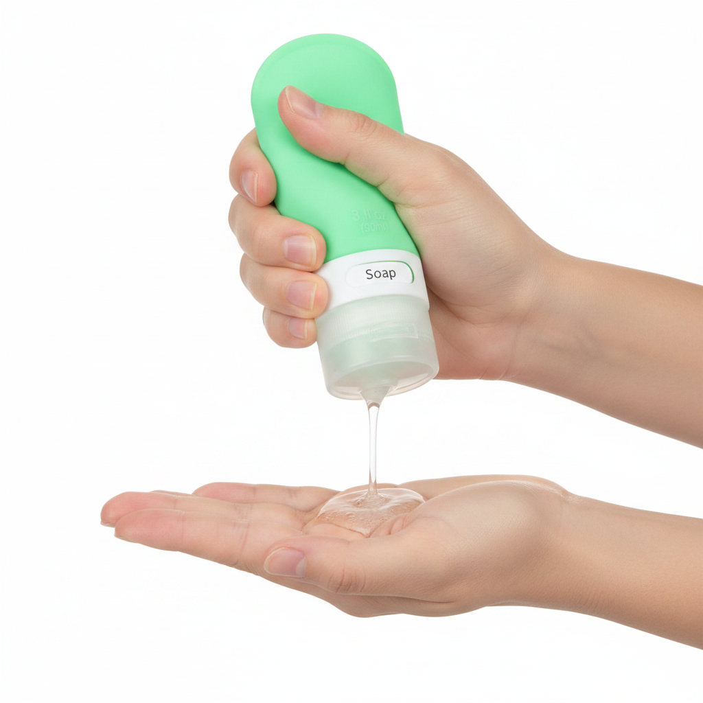Hand squeezing mint green silicone travel bottle dispensing liquid soap onto palm on white background