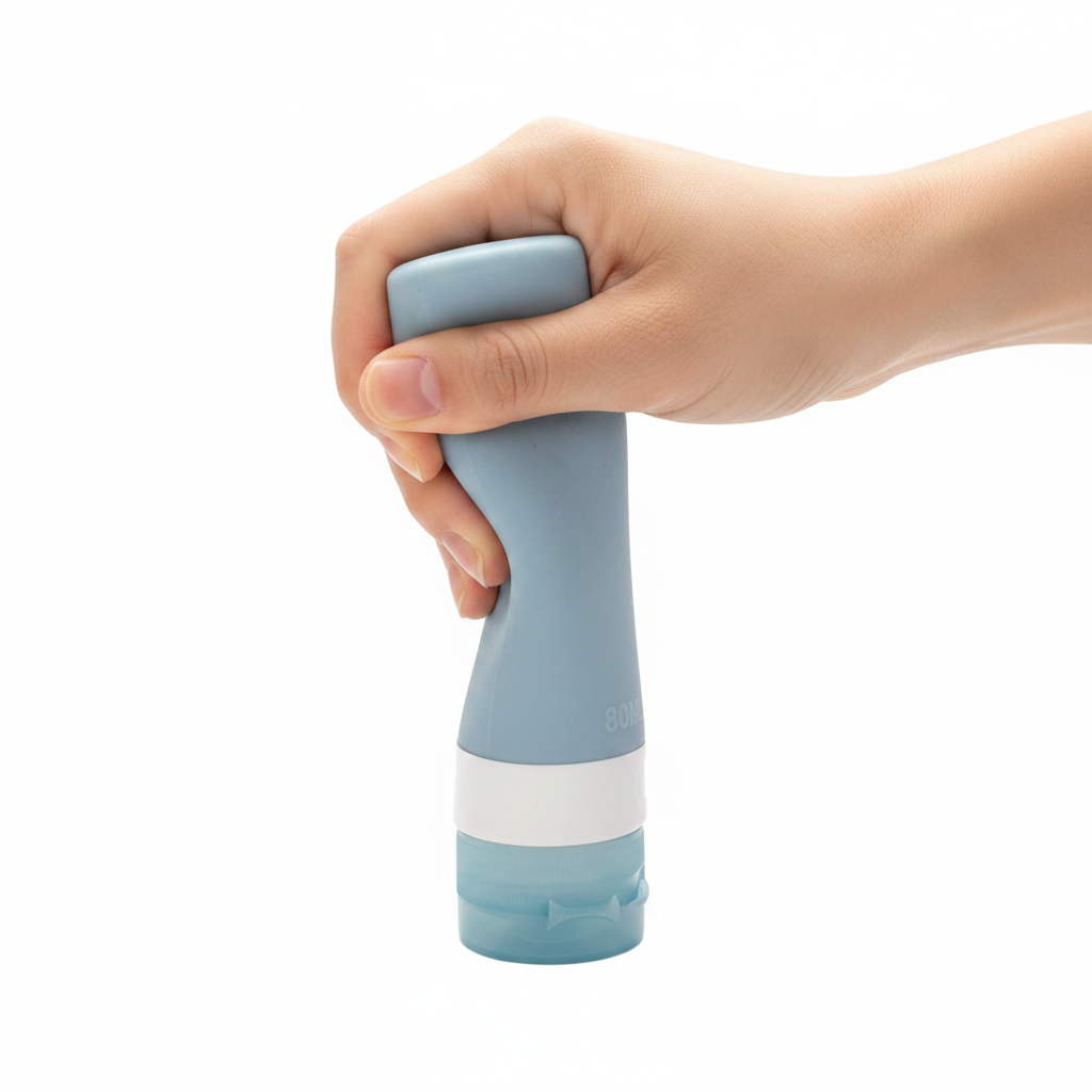 Hand squeezing portable silicone travel bottle showing flexible body on white background