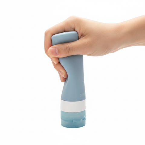Hand squeezing portable silicone travel bottle showing flexible body on white background