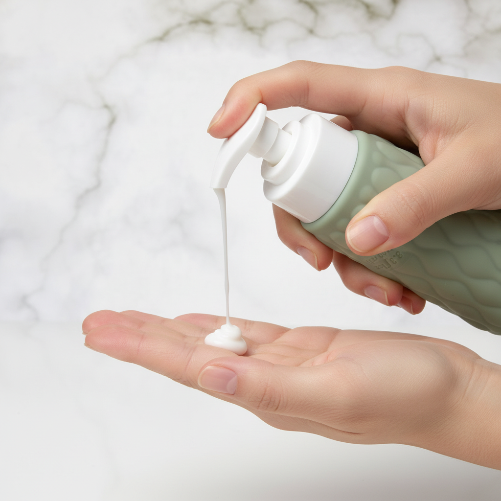 Hand squeezing sage green silicone travel cosmetic bottle dispensing lotion from white pump cap on white background