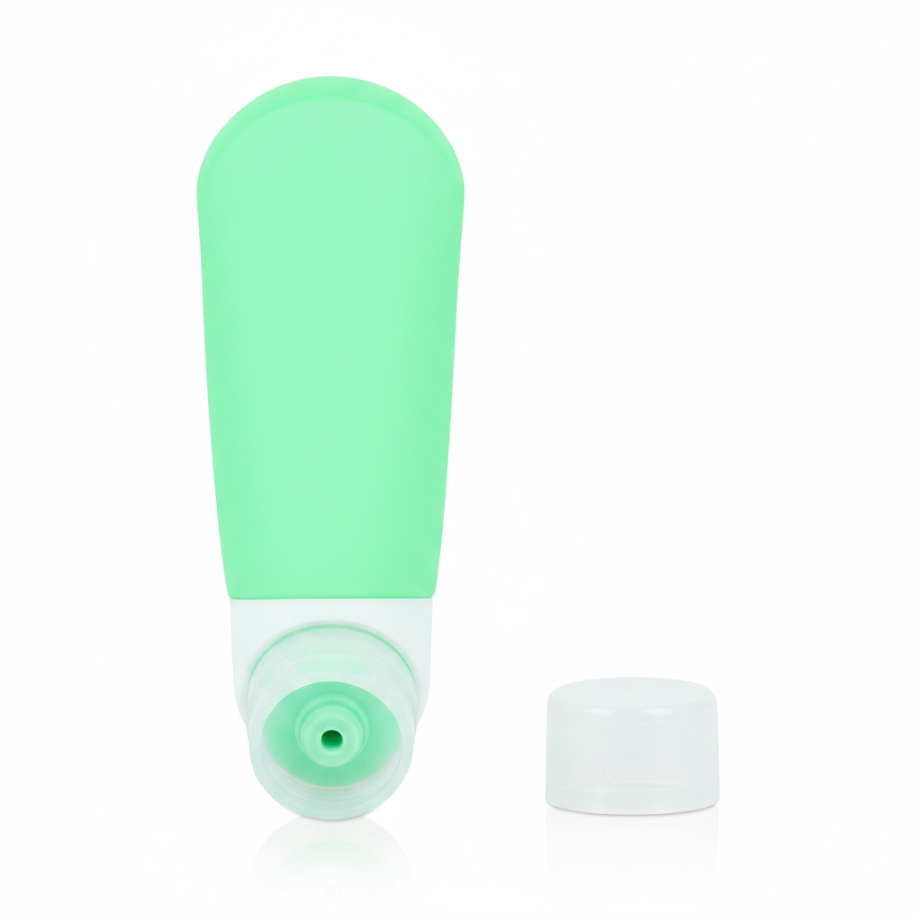 Mint green silicone travel bottle with bottom cap removed showing wide mouth opening for easy refilling on white background