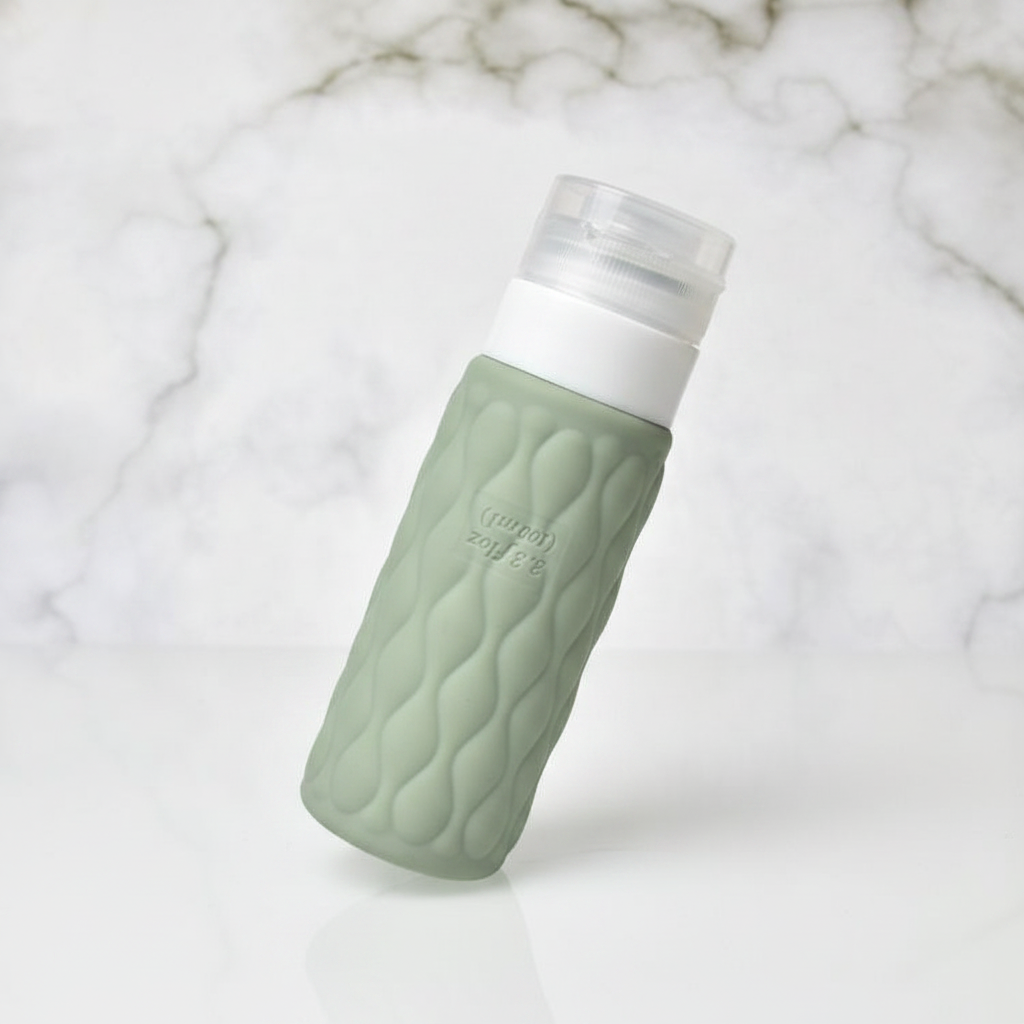 Sage green wave textured silicone travel bottle at 45 degree angle showing geometric texture and white leakproof cap on white background