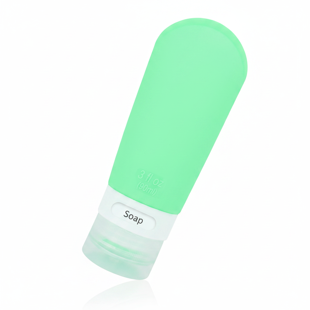 Single mint green silicone travel bottle at 45 degree angle showing rounded body and clear bottom screw cap on white background