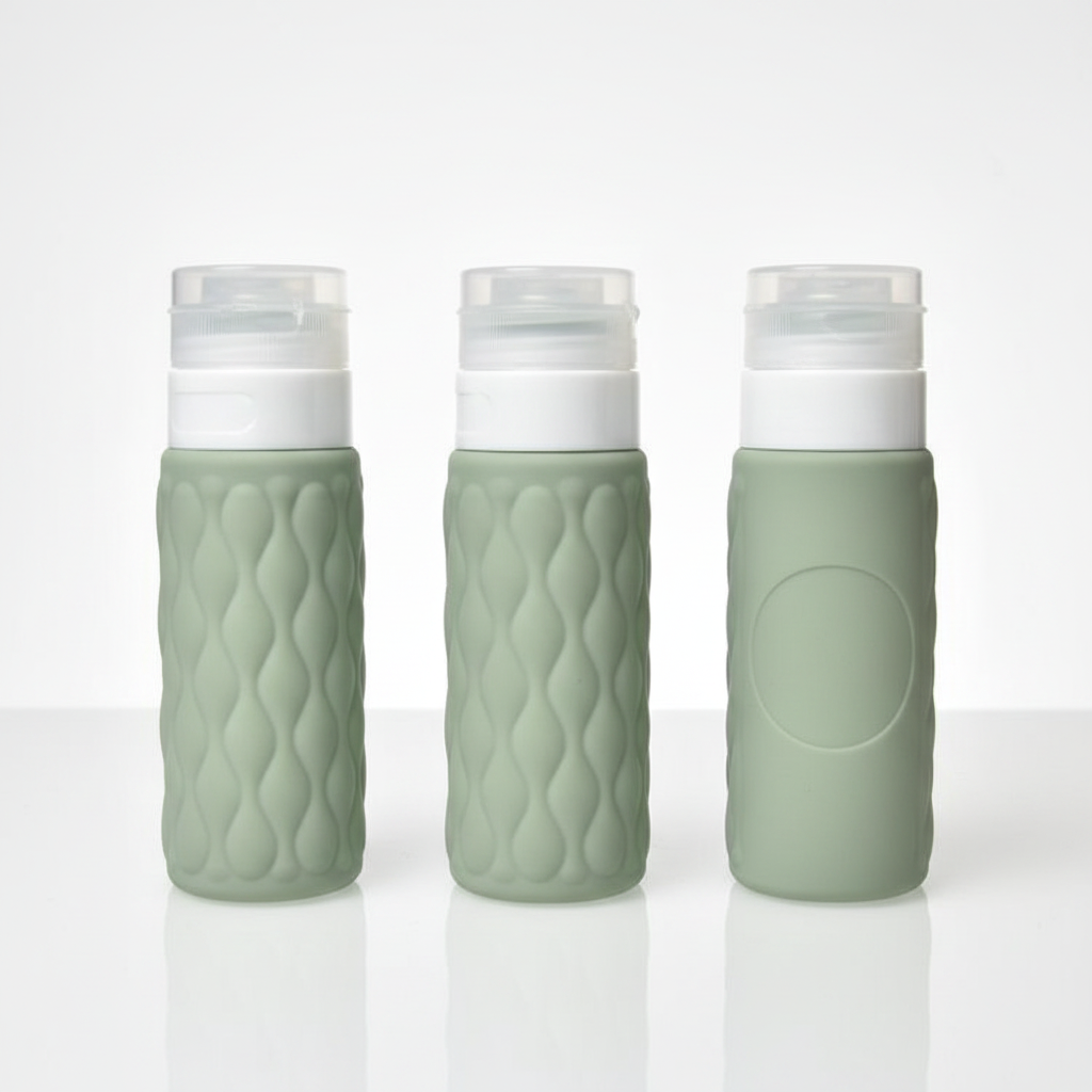 Three sage green diamond textured silicone travel bottles showing front side and back angles on white background