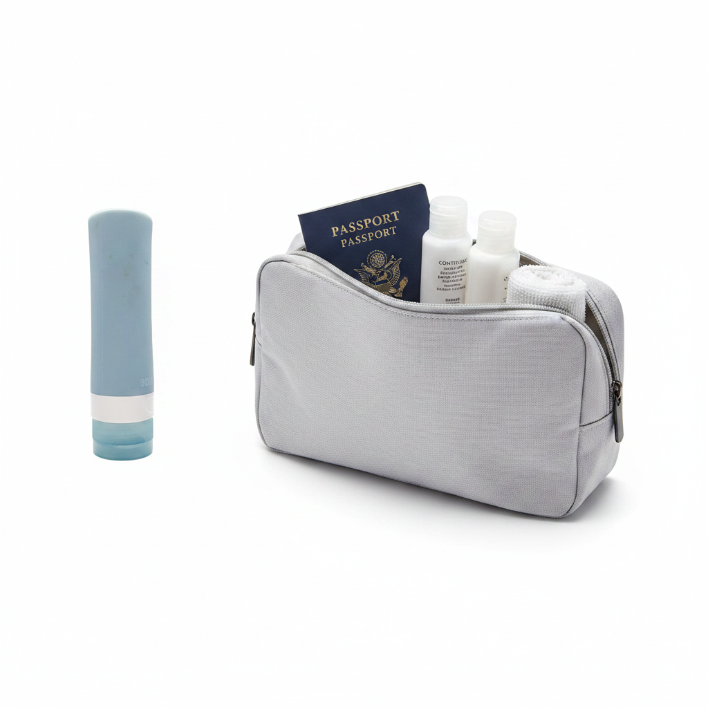 Travel silicone bottle lifestyle flat lay with toiletry bag and passport on white background