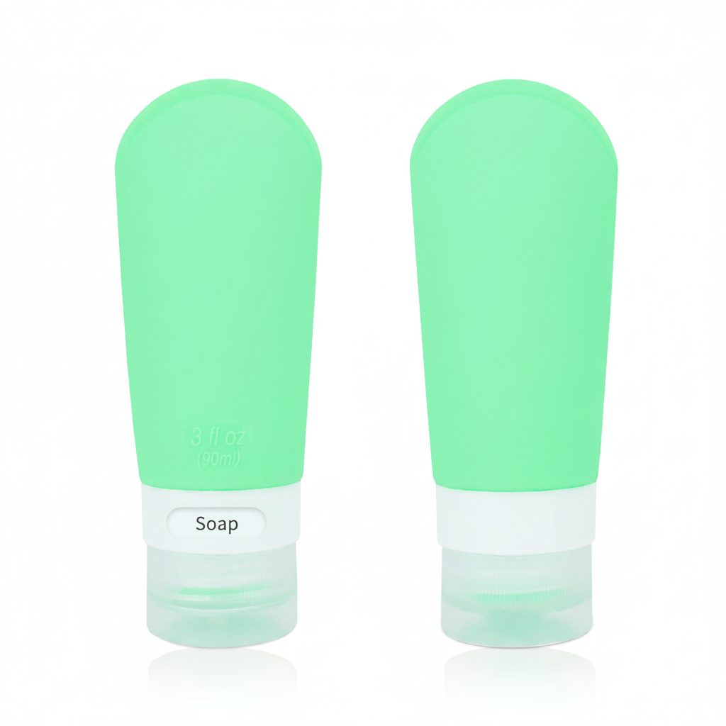 Two mint green silicone travel squeeze bottles standing upright side by side on pure white background – main product image
